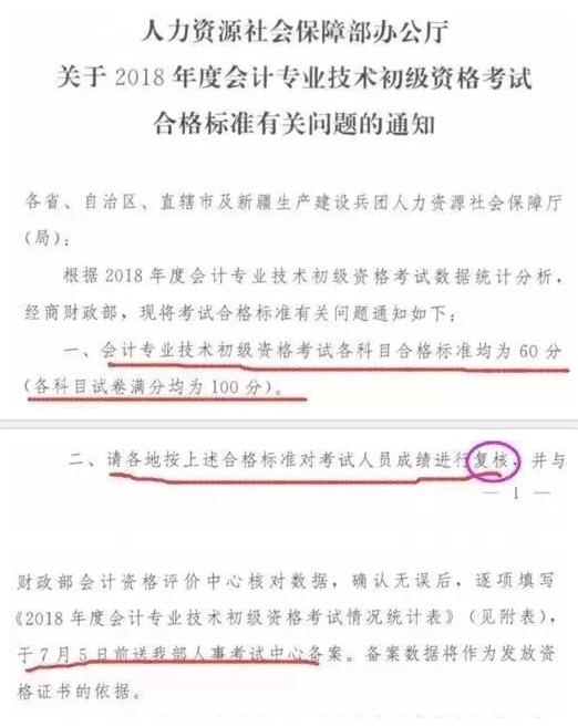 2018年初级会计职称合格标准有关问题通知